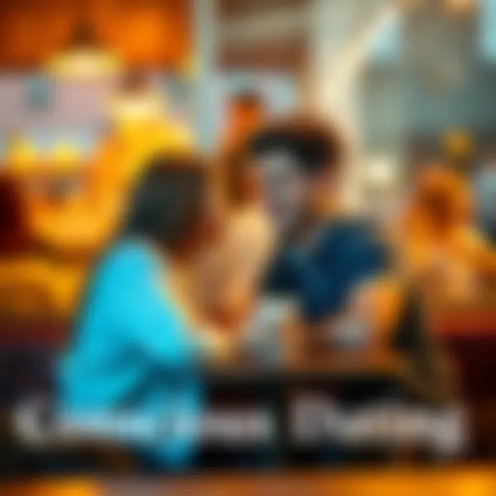 A couple sitting closely at a café, sharing smiles and deep conversation while surrounded by warm lighting, symbolizing conscious dating and emotional connection