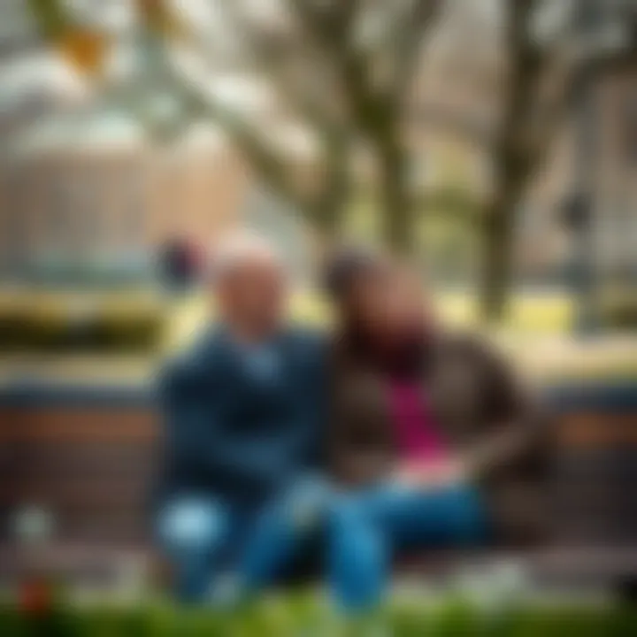 A man and woman sitting on a bench in a park, engaged in a lively conversation, with the woman smiling while the man appears thoughtful.