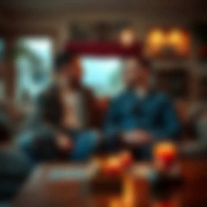 Couple in a cozy home setting A manly man and his partner sitting on the couch, discussing their relationship, with a tarot deck on the table.