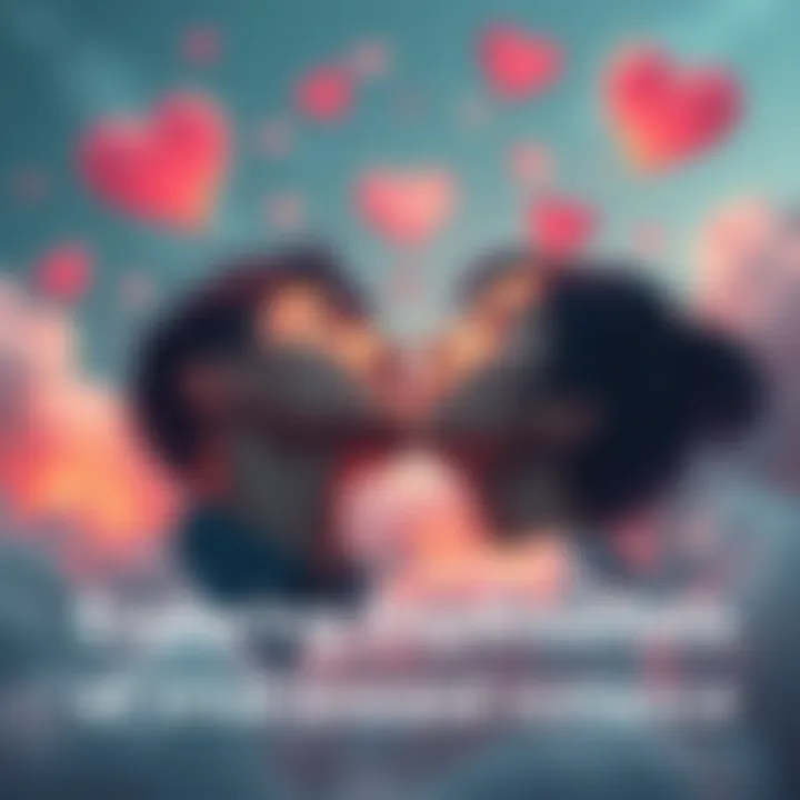 A young couple daydreaming together, surrounded by soft clouds and hearts, representing the concept of true love and romance.