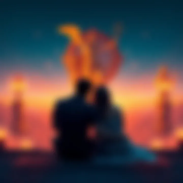 A couple sitting together, talking openly about their personal beliefs and worship practices with symbols of Apollo, Dionysus, and Aphrodite in the background.