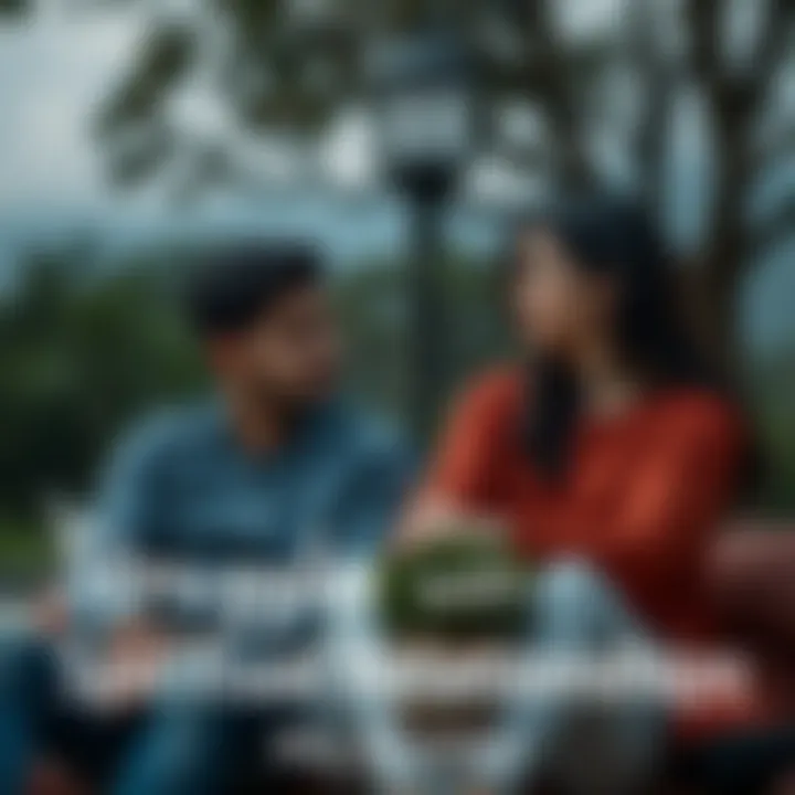 A couple sitting together, looking concerned, discussing their feelings in a serene environment, embodying the challenges of a spiritual relationship.