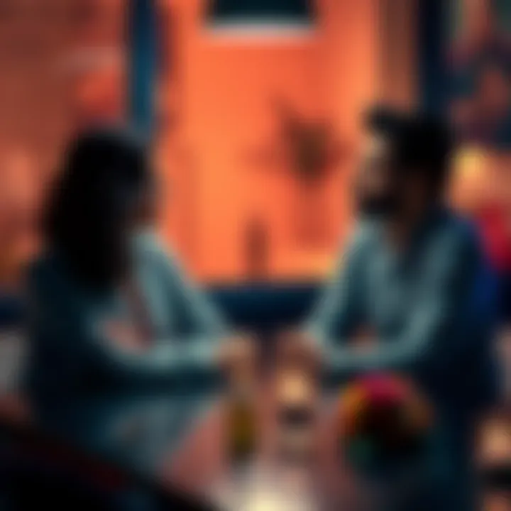 A couple sitting together at a table, looking at each other thoughtfully while discussing their future relationships and marriage.