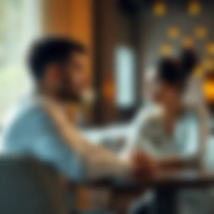 A couple sitting at a table, talking about their past relationships and marriage, looking thoughtful and engaged in conversation.