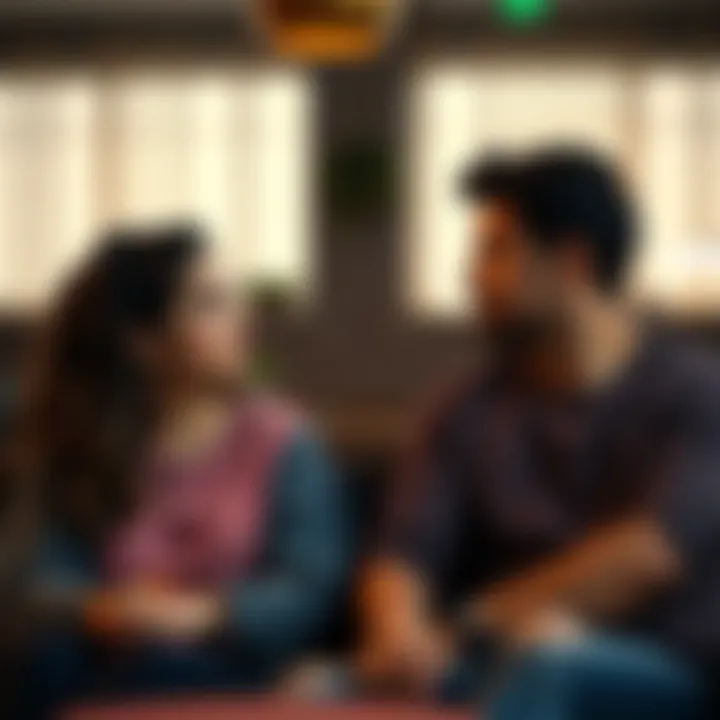 A 26-year-old woman and a 27-year-old man sitting together, deep in conversation, showing expressions of concern and contemplation about their future together.