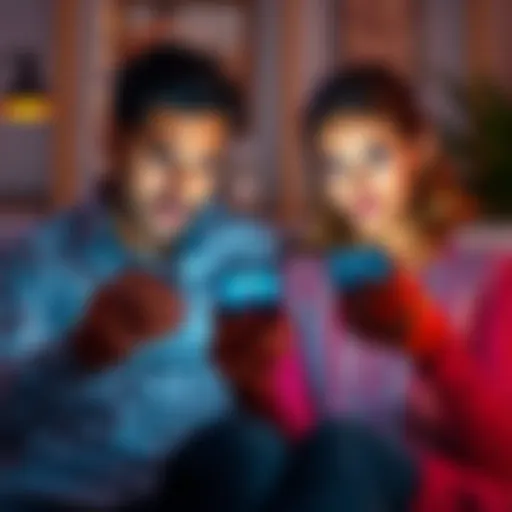 A couple sitting together, each holding a phone, focused on videos or articles about divorce, with concerned expressions