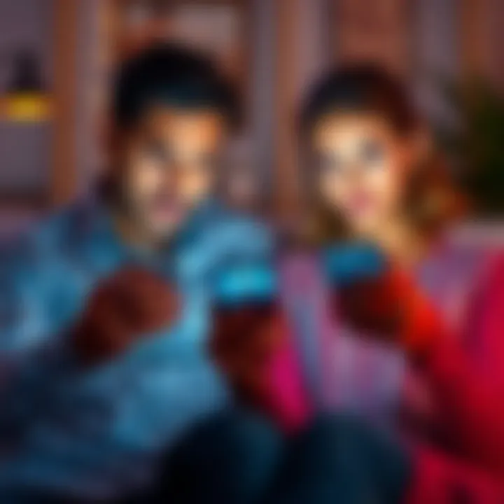 Couple looking at a divorce-themed media on their devices A couple sitting together, each holding a phone, focused on videos or articles about divorce, with concerned expressions