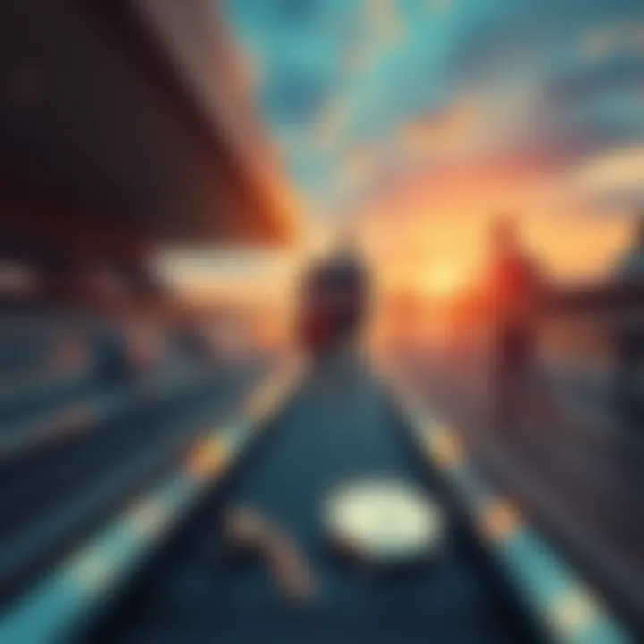 A couple stands on an escalator, looking ahead with hope. A watch lies on the ground, symbolizing lost time. They interact with strangers, representing connections on their journey to wealth and perso...