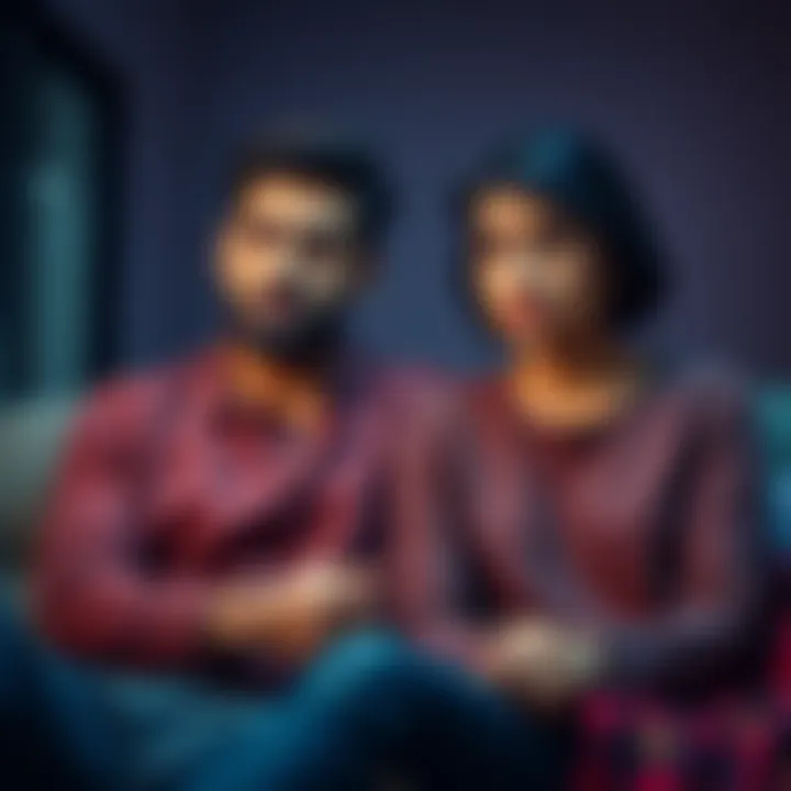 A couple sitting together with worried expressions, facing pressure from family about an arranged marriage, showing their struggle for love.