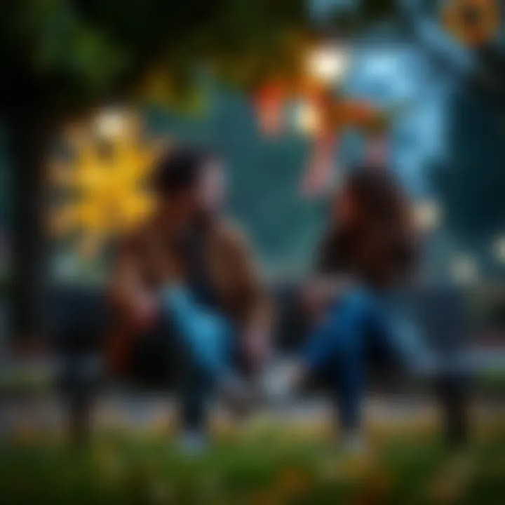 A couple sitting on a park bench, deep in conversation with somber expressions, reflecting on their relationship