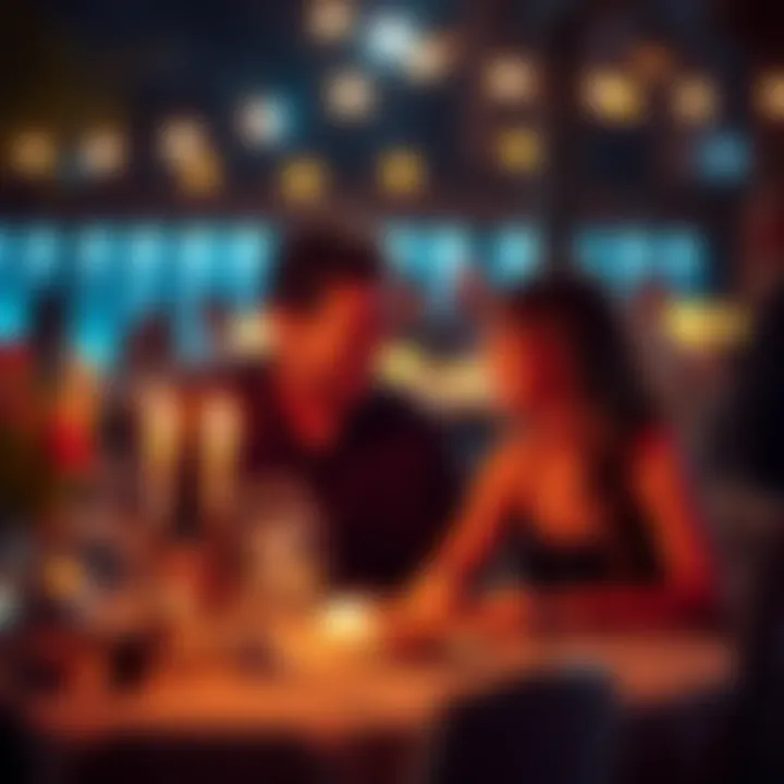 A man and a woman sharing a laugh over dinner, with candles lit on the table, creating a warm atmosphere