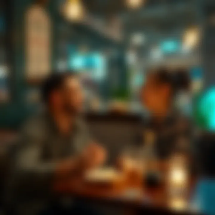 A couple sitting at a cozy cafe, sharing kava and engaged in deep conversation, with smiles on their faces.