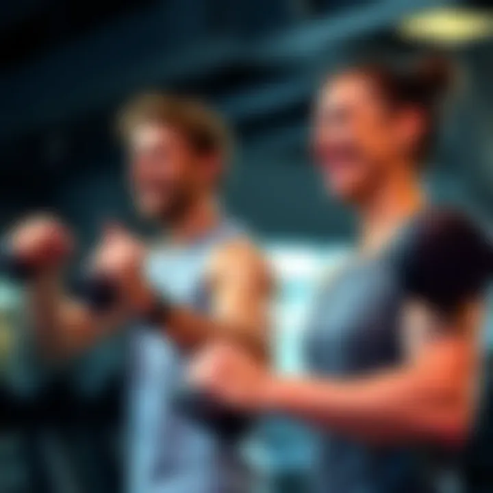 A happy couple engaging in a workout session, lifting weights and smiling at each other in a gym setting