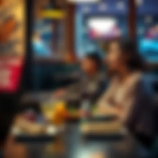 A couple sitting at a restaurant table, looking surprised during a first date, with food and drinks in front of them.