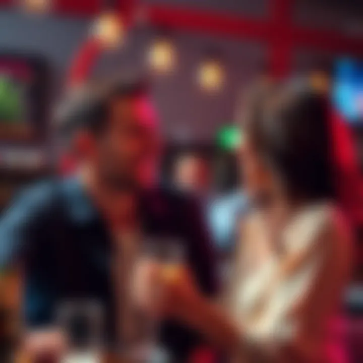 A man and woman laughing together at a bar, showing signs of attraction
