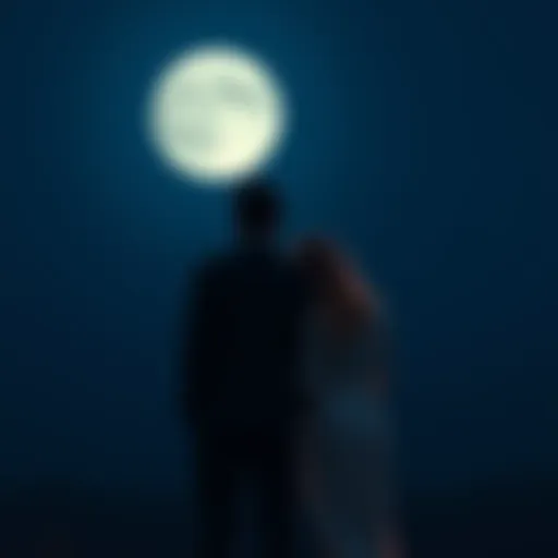 A couple standing together looking at a bright full moon in the night sky, symbolizing their shared moon sign.