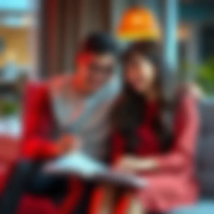 A young couple sitting together, looking at a notebook with sketches of their future plans, showing smiles and positive energy.