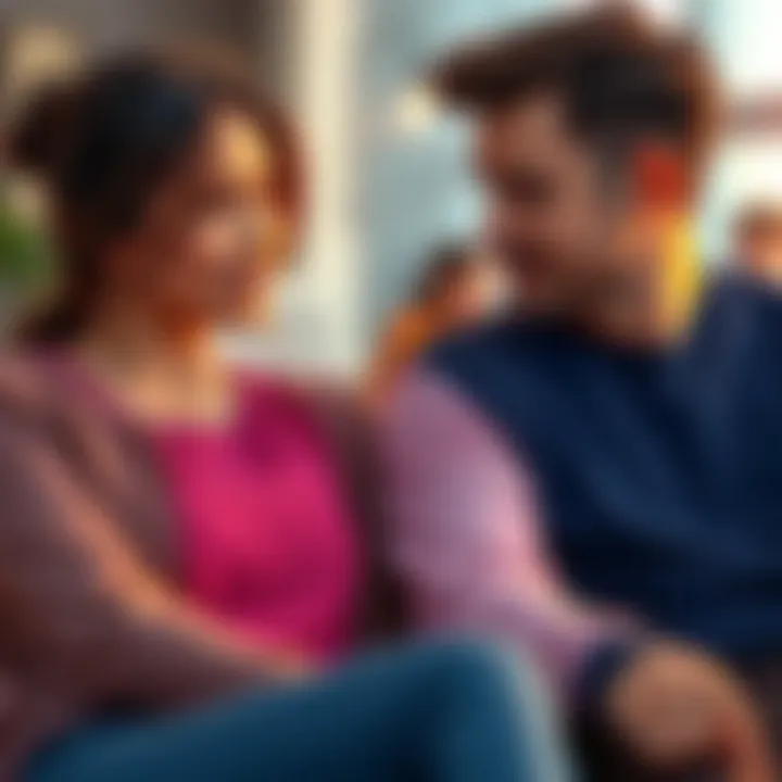 A woman and a man sitting together, deep in conversation about their future, with a hopeful but uncertain expression on her face.