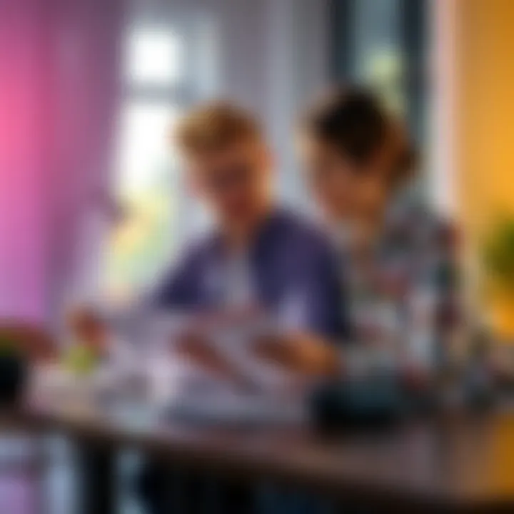 A young couple sitting at a table, looking at a planner, discussing their career and marriage goals