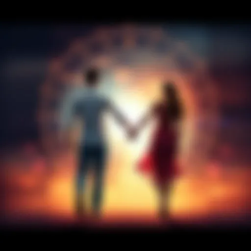 A couple walking together, holding hands with astrological symbols in the background representing stability and connection in relationships