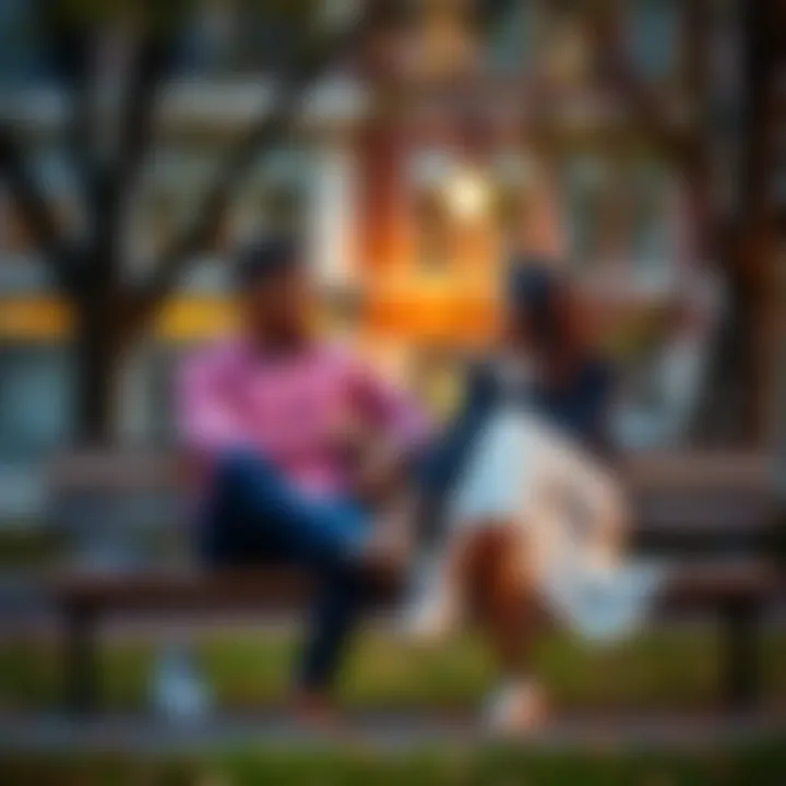A couple sitting together on a park bench, looking at each other with concerned expressions while holding hands. They appear to be sharing their feelings about their relationship.