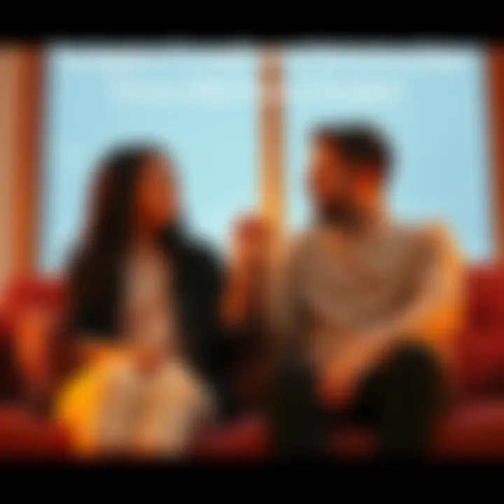 A couple sitting together, holding hands and smiling, symbolizing connection and love in a relationship, with a warm background.