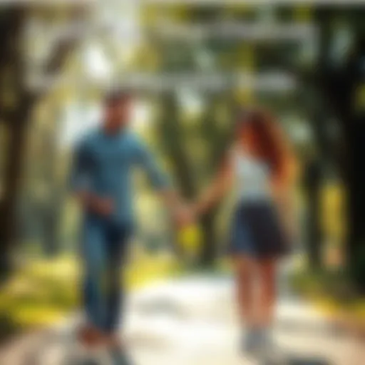 A happy couple walking hand in hand in a park, symbolizing love and partnership, with trees and sunlight around them.