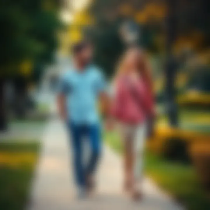 A happy couple walking together in a park, showcasing love and connection.