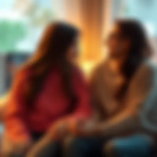A couple sitting close together, holding hands, with thoughtful expressions as they talk about their relationship. A warm, inviting background suggests a cozy setting.