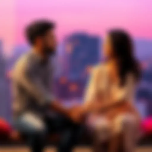 A couple sitting together, holding hands while looking at each other with concern and love, reflecting on their relationship