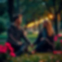 A couple sitting together in a park, holding hands and smiling at each other, surrounded by trees and flowers.