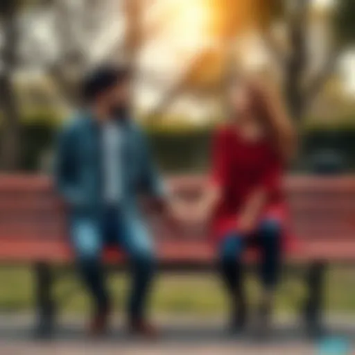 A couple sitting on a park bench, holding hands and smiling at each other, symbolizing love and connection.