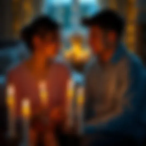 A couple sitting together, holding hands, surrounded by lit candles, symbolizing love magic and reconciliation