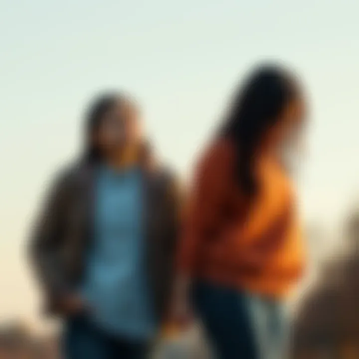 A couple stands together, holding hands while looking concerned. One partner appears deep in thought, symbolizing the struggle between love and emotional wounds.