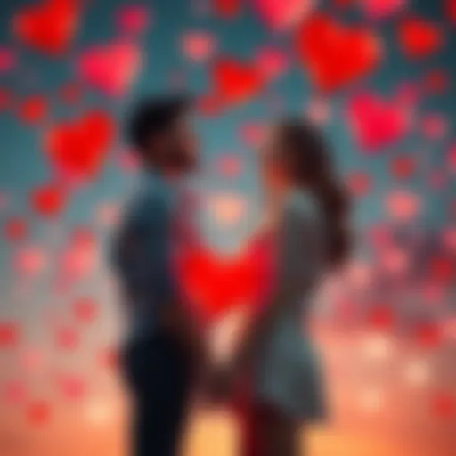 A couple is smiling and holding hands surrounded by floating hearts, representing love and connection.