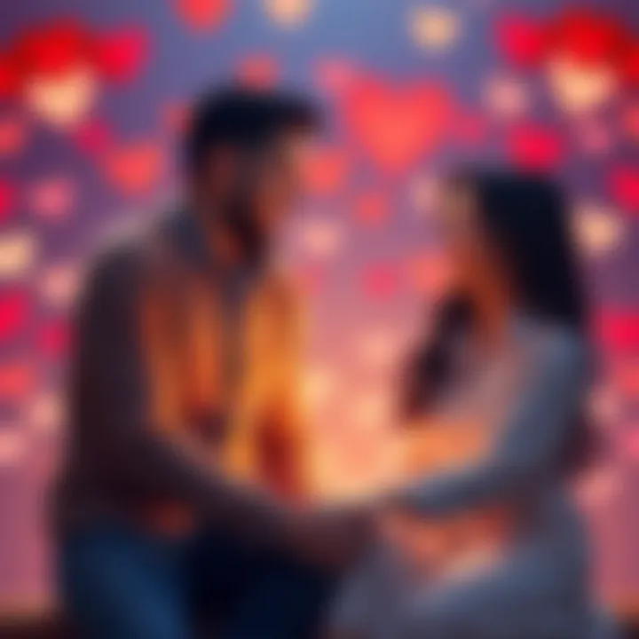 A couple sitting together, smiling and holding hands, surrounded by hearts, symbolizing love and connection in 2026.