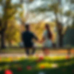 A couple sitting on a bench in a park, holding hands and sharing a moment together, surrounded by trees and flowers.