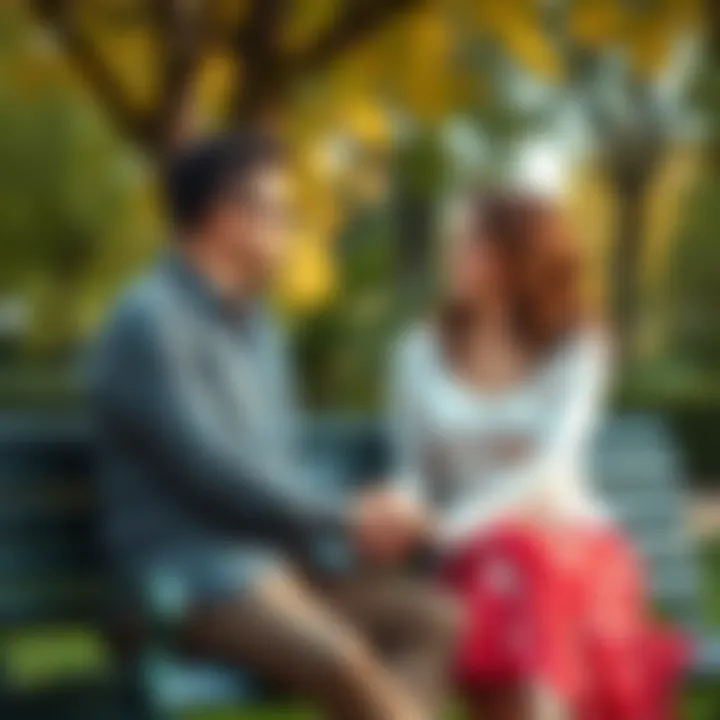 A happy couple sitting on a park bench, holding hands and smiling at each other, representing love and connection