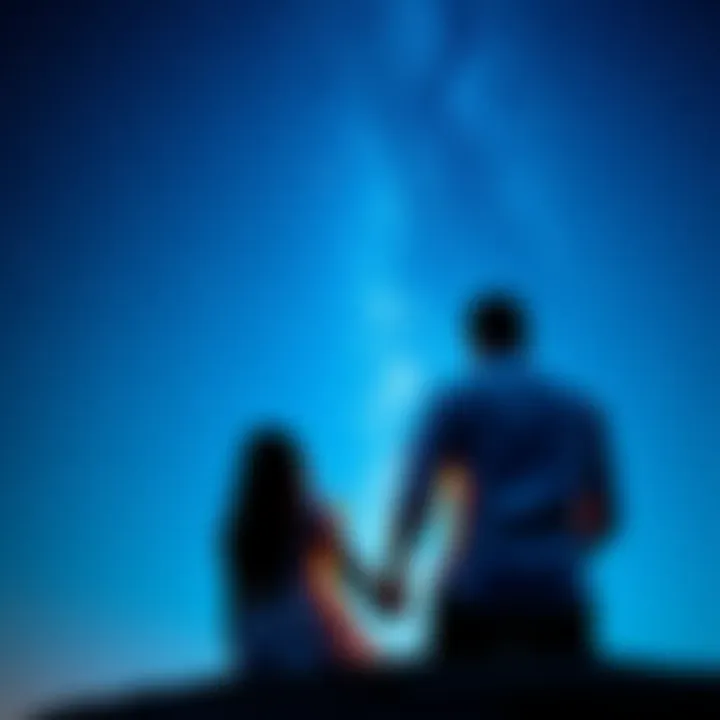 Couple holding hands under a starry sky A man and woman holding hands, sitting together under a starry night sky, symbolizing love and connection.