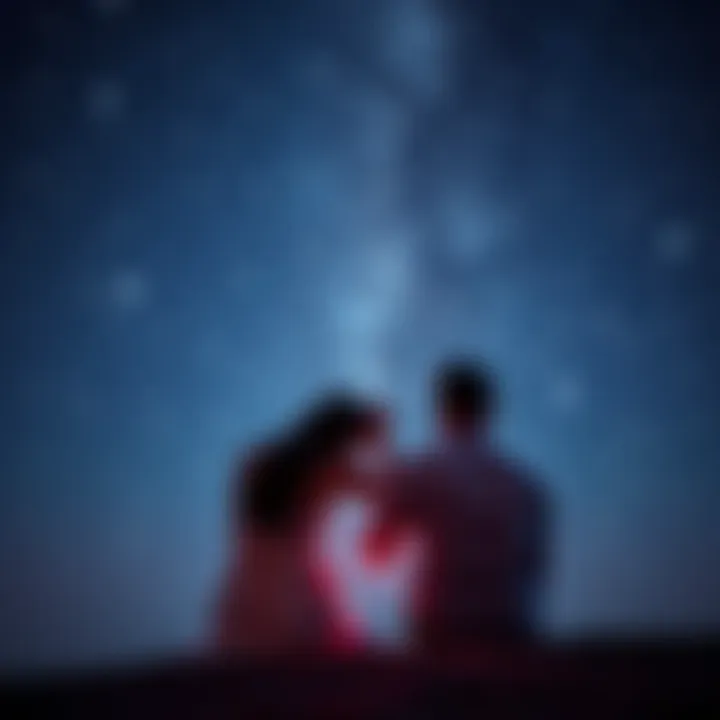A Sagittarius and Pisces couple holding hands while sitting under a night sky filled with stars, symbolizing love and compatibility in marriage.