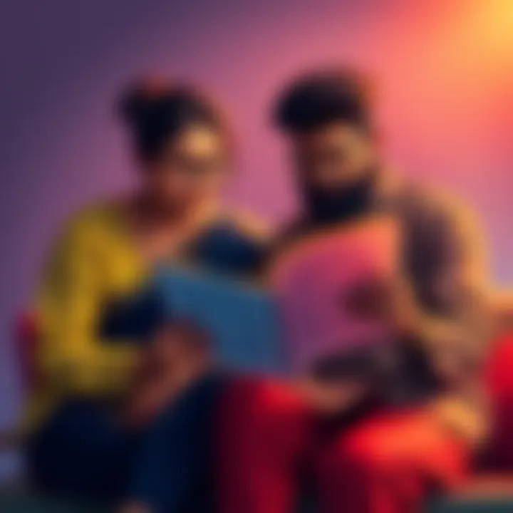 Couple discussing horoscopes A 27-year-old woman and a 34-year-old man sitting together, examining their horoscopes and discussing their compatibility for marriage.