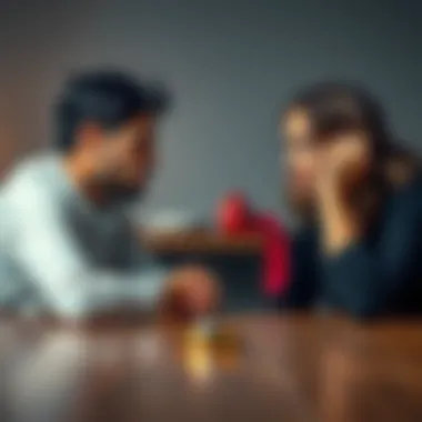 Couple in Conflict A couple arguing with tense expressions, sitting at a table with a wedding ring on it, highlighting their relationship struggles.