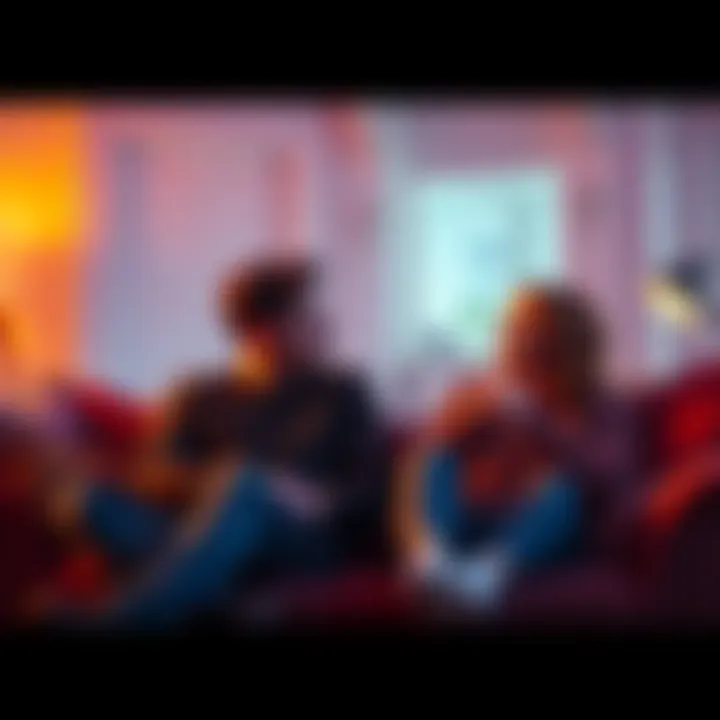 Couple in Conversation A couple sits on a couch discussing their feelings, one looking drained and the other appearing energized, with warm lighting around them.