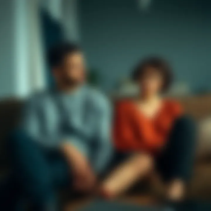 A couple sitting on a couch, looking frustrated while discussing their feelings, showing a mix of frustration and detachment in their expressions.