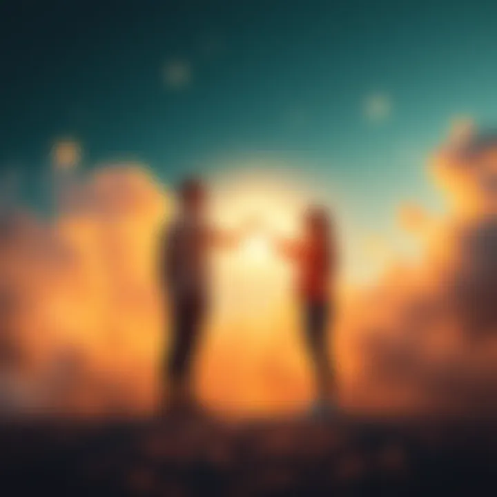 A couple stands on either side of a glowing light, reaching out to each other, symbolizing love and longing beyond life