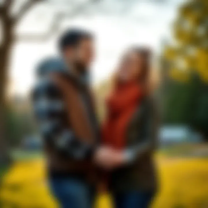 A happy couple smiling and holding hands in a park, symbolizing new love and successful manifestation of relationships.