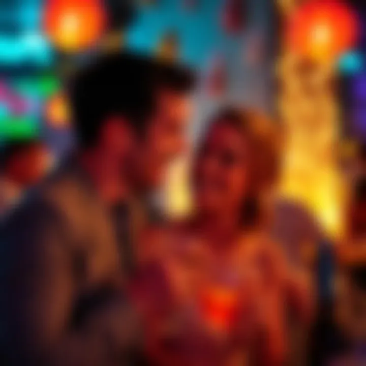 A married couple enjoying a cozy moment together at a social event, smiling and connecting over drinks.