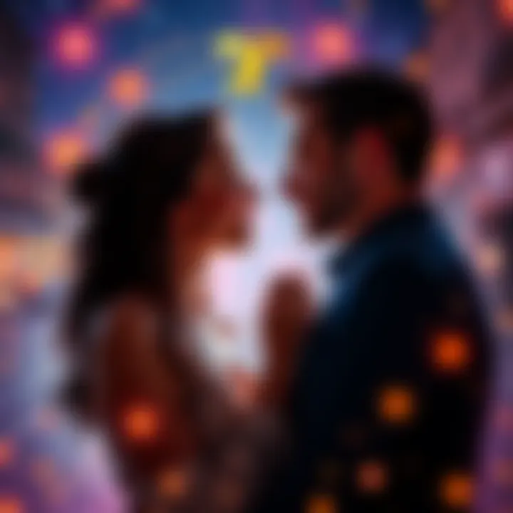 A couple gazing into each other's eyes, surrounded by an astrological theme, symbolizing love and Venus in Aries.