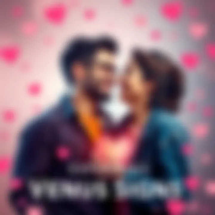 Couple in Love A couple enjoying a moment together, laughing and sharing a loving glance, surrounded by soft colors and heart motifs, symbolizing love and relationships influenced by Venus signs.