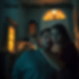 A couple looking startled in their new house, with shadows and eerie lights in the background, reflecting their fear and confusion about unexplained sounds and voices